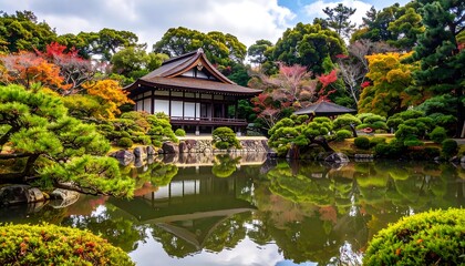 Autumnal Japanese garden reflection