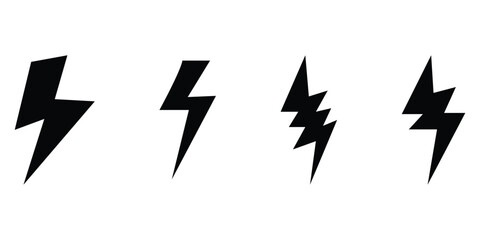  Lightning silhouette set. Black isolated lightning icon on white background. Different shapes vector isolated lightning set. Abstract thunder icon. EPS 10. 