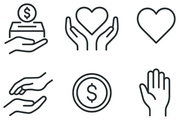 Obraz premium Charity and donation linear icon set. featuring coin, heart, hands, offering, and support symbols