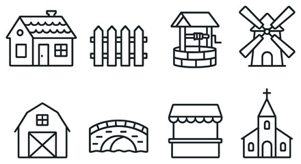 Rural village linear icon set. featuring house, fence, well, windmill, barn, bridge, market stall, church