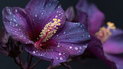 Close-up of vibrant purple hibiscus flowers covered in dew drops blooming against dark background