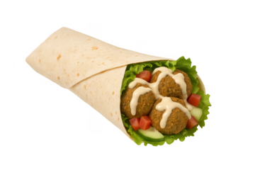 Delicious falafel wrap with tahini sauce, lettuce, tomato, and cucumber on transparent background