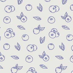 Hand drawn blueberry seamless pattern. Abstract blueberries texture,  fresh fruit doodle background, cute print for packaging, wallpaper. Vector modern illustration