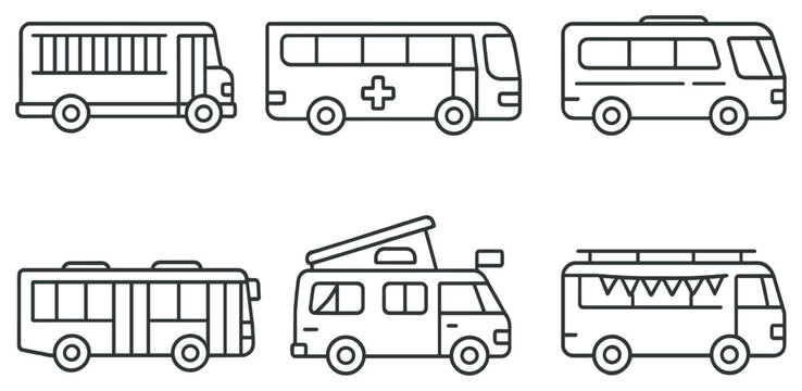 Vehicles linear icon set. featuring school bus, ambulance, camper van, minibus, rv, and party bus