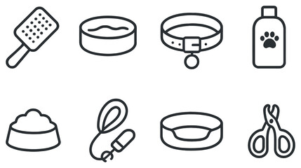 Pet care linear icon set. featuring brush, bowl, collar, shampoo, food, leash, medicine, and scissors