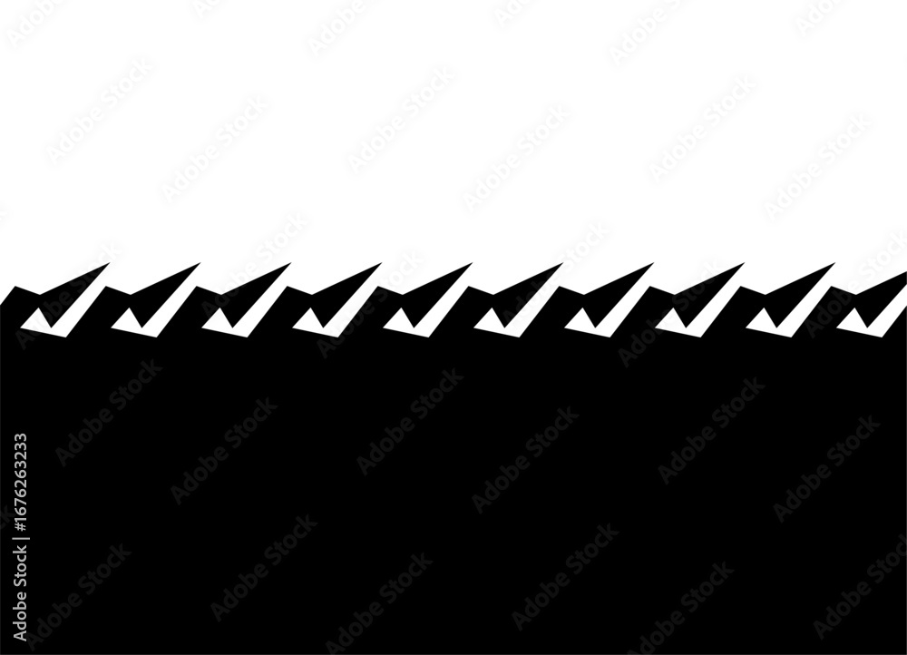 Poster transition from black to white. symmetrical vector border, seamless black pattern of sharp shapes on