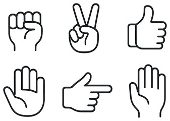 Hand gestures linear icon set. featuring fist, peace, thumbs up, open hand, pointing, waving symbols