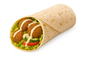 Delicious falafel wrap with tahini sauce, lettuce, tomato, and cucumber on transparent background