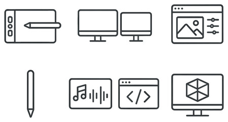 Digital art linear icon set. featuring tablet, monitors, graphic editor, music, coding, 3d modeling