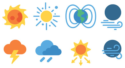Weather phenomena 3d icon set. featuring sun, thunderstorm, clouds, wind, magnetism, and rain symbols