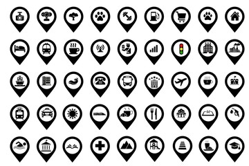 Set of map pointer icons, icons of map pointer , set of map pointer, pointer icon set, icon set of map pin, pin icon, jungle, restaurant, sea, hotel, hospital, school, house, zoo, station, airport