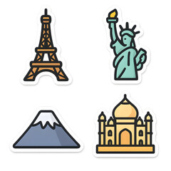 Sticker cartoon bold world landmarks transparent PNG 2x2 set Eiffel Tower Statue of Liberty Mount Fuji Taj Mahal isolated cut out for travel ecommerce branding