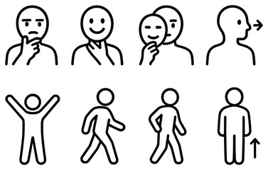 Expression and gesture linear icon set. featuring thoughtful, mask, secret, whisper, cheer, walk, stance, observe icons