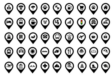 Set of map pointer icons, icons of map pointer , set of map pointer, pointer icon set, icon set of map pin, pin icon, jungle, restaurant, sea, hotel, hospital, school, house, zoo, station, airport