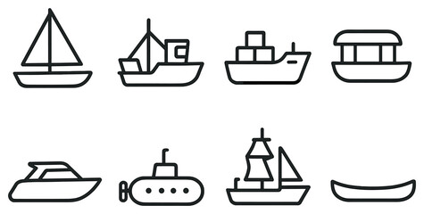Maritime transport linear icon set. featuring sailboat, cargo ship, ferry, yacht, and submarine symbols