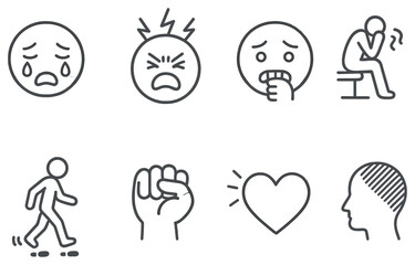 Emotions linear icon set. featuring sad, headache, anxious, depression, despair, contemplation, strength, love, reflection symbols
