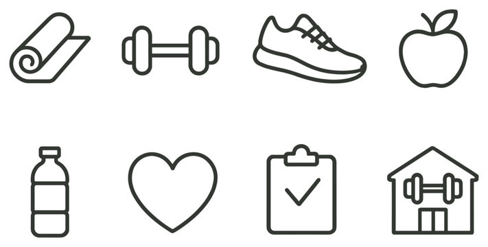 Fitness equipment linear icon set. featuring mat, dumbbell, sneaker, apple, bottle, heart, checklist, gym.