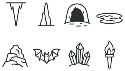 Cave exploration linear icon set. featuring stalactite, stalagmite, cave, pond, mountain, bat, crystals, and torch