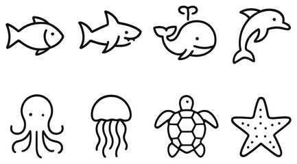 Marine life linear icon set. featuring fish, shark, whale, dolphin, octopus, jellyfish, turtle, starfish