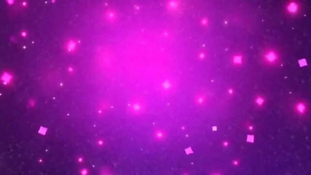 Purple violet pink squares stars flying cosmic particles sparkle falling background. New year christmas abstract backdrop animation glowing space. Glistering confetti magic textured stardust wallpaper
