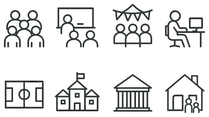 Education linear icon set. featuring classroom, lecture, meeting, computer, sports, school, university, home education