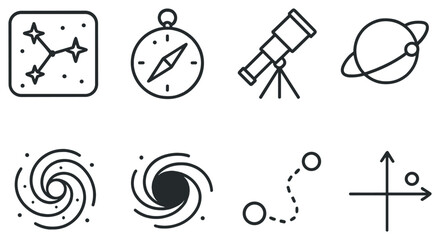 Space exploration linear icon set. featuring constellation, compass, telescope, planet, galaxy, spiral, path, and coordinates