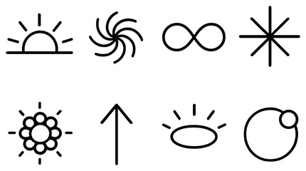 Nature elements linear icon set. featuring sunrise, spiral, infinity, star, sunburst, arrow, halo, and orbit symbols