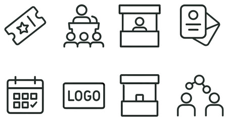 Event management linear icon set. featuring ticketing, presentation, booth, id, calendar, logo, network