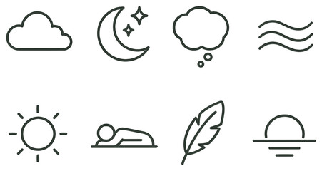 Nature and dream linear icon set. featuring cloud, moon, thought bubble, waves, sun, sleep, feather, sunset