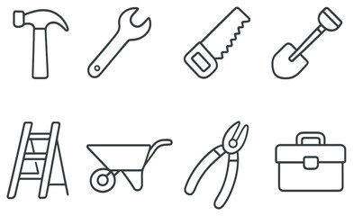 Construction tools linear icon set. featuring hammer, wrench, saw, shovel, ladder, wheelbarrow, pliers, toolbox