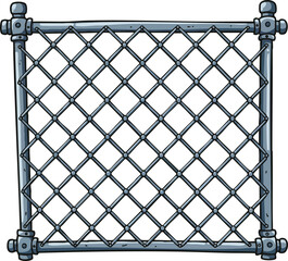 Metal Chain Link Fence Panel Illustration with Detailed Posts and Connectors for Security and Boundaries Vector Graphic 