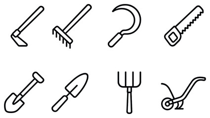 Fototapeta premium Gardening tools linear icon set. featuring hoe, rake, sickle, saw, shovel, trowel, pitchfork, and plow