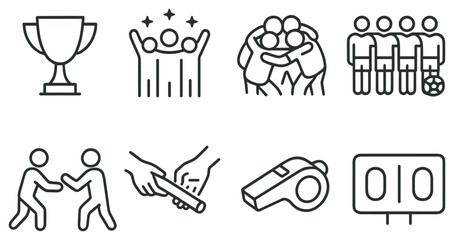 Sports teamwork linear icon set. featuring trophy, celebration, team huddle, soccer, handshake, relay, whistle, scoreboard