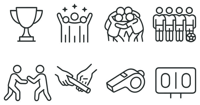 Sports teamwork linear icon set. featuring trophy, celebration, team huddle, soccer, handshake, relay, whistle, scoreboard