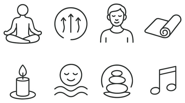 Wellness and meditation linear icon set. featuring yoga, breathing, relaxation, mat, candle, music symbols