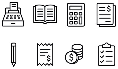Office finance linear icon set. featuring printer, book, calculator, invoice, pencil, receipt, coins, and checklist