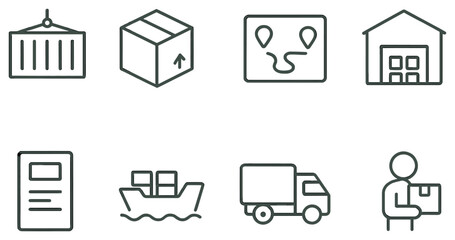 Logistics and shipping linear icon set. featuring container, box, route, warehouse, document, ship, truck, delivery