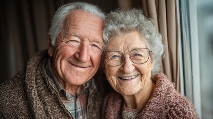 Loving senior couple embraces near window in their home, enjoying a shared moment of happiness and connection