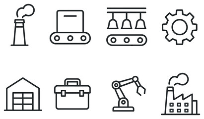 Industrial linear icon set. featuring factory, conveyor belt, gear, warehouse, toolbox, robotic arm