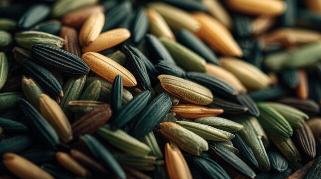 Pile of colorful rice grains a mix of black green and yellow varieties for healthy eating concepts