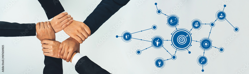 Aufkleber a dynamic visual of hands coming together symbolizing teamwork, complemented by icons representing v