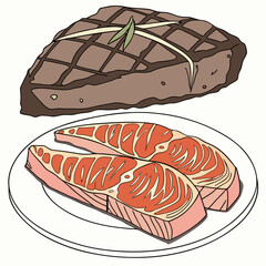 Vector illustration of meat and fish steaks side by side, designed as a template for restaurant menus and store posters
