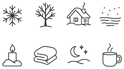 Winter theme linear icon set. featuring snowflake, bare tree, house, snow, candle, blanket, night sky, and coffee mug