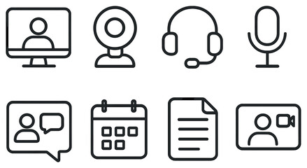 Communication and office linear icon set. featuring video conference, webcam, headset, microphone, chat, calendar, document