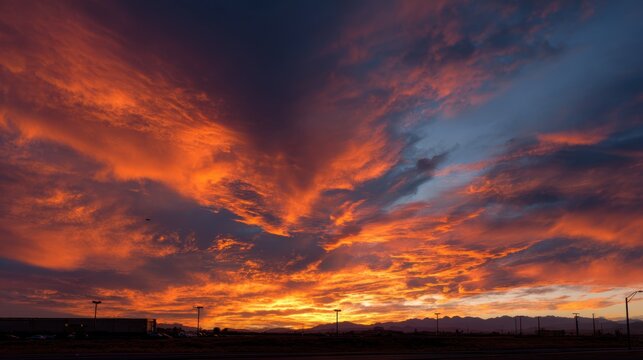 Dramatic sunset with fiery orange clouds a vibrant skyscape perfect for backgrounds and inspirational visuals