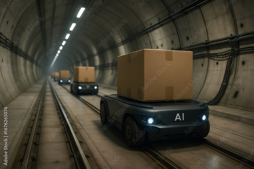 Poster automated guided vehicles transporting cardboard boxes inside a tunnel, representing the future of l