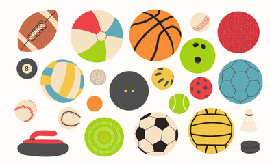 Collection of various sports balls, including basketball, soccer ball, volleyball, football, baseball, tennis ball, and golf ball vector illustration isolate on white . Flat hand drawn illustration .