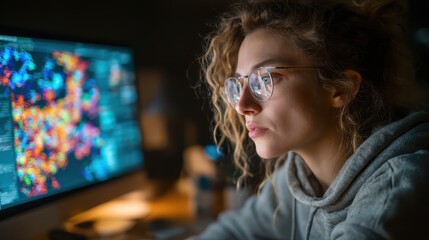 Woman scientist analyzes molecular structure model on computer in laboratory during the day