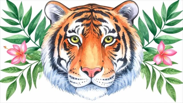 Watercolor tiger head tropical floral