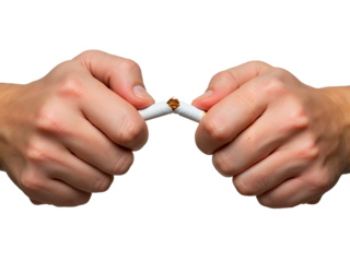 Two hands breaking a cigarette symbolizing quitting smoking